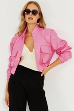 Cool & Sexy Women's Pink Faux Leather Short Bomber Jacket LST57