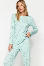 Trendyol Mint Cotton Heart Patterned Tshirt-Pants Knitted Pajamas Set