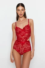 Trendyol Dark Red Lace Window/Cut Out Detailed Snaps Knitted Bodysuit