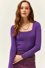 Olalook Women's Purple Square Neck Ribbed Knitwear Blouse