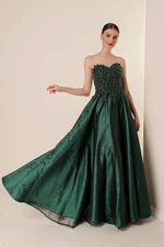 By Saygı Lined Glitter Taffeta Long Dress with Beading Embroidery Green