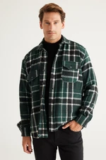 AC&Co / Altınyıldız Classics Men's Khaki-Black Oversize Loose Cut Button Collar Plaid Winter Shirt Jacket