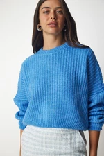 Happiness İstanbul Women's Blue Basic Knitwear Sweater with Balloon Sleeves