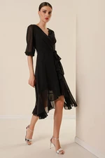 By Saygı Double-breasted Chiffon Dress With Plunging Neck Skirt Belted Waist Belted Lined Balloon Sleeves Wide Body.