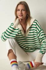Happiness İstanbul Women's Cream Green Striped Zipper Collar Knitwear Sweater