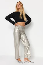 Trendyol Gray Shiny Faux Leather High Waist Straight/Straight Fit Woven Trousers