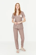 Trendyol Mink Cotton Printed Shirt-Pants Knitted Pajama Set