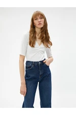 Koton Shirred Detailed T-Shirt V-Neck Short Sleeves