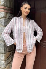 Trend Alaçatı Stili Women's Powder Ethnic Pattern Oversized Cotton Woven Shirt