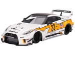 Nissan LB-Silhouette WORKS GT 35GT-RR Ver.1 RHD (Right Hand Drive) 23 White with Yellow Stripes "LB Racing" 1/18 Model Car by Top Speed