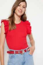 Trendyol červené manšestrové body s volánky a pružným pleteným materiálem, s kulatým výstřihem Trendyol červené manšestrové body s volánky a pružným pleteným materiálem, s kulatým výstřihem