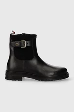 Kožené kotníkové boty Tommy Hilfiger BELT BOOTIE MATERIAL MIX dámské, černá barva, na plochém podpatku, FW0FW07477