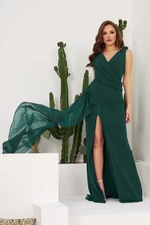 Carmen Petrol Chiffon Long Evening Dress And Invitation Dress With Stones On The Shoulder