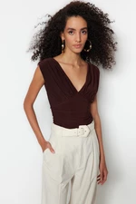 Trendyol Bitter Brown V-Neck Drape Detailed Fitted/Sleepy, Flexible Knitted Bodysuit