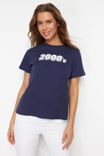 Trendyol Navy Blue 100% Cotton Printed Regular/Regular Fit Crew Neck Knitted T-Shirt