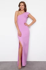 Trendyol Pink Fitted Flounce Detailed Single Sleeve Woven Long Evening Dress