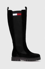 Vysoké čižmy Tommy Jeans TJW LONG SHAFT SUEDE BOOT dámske, čierna farba, na plochom podpätku, EN0EN02412