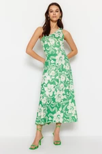 Trendyol Green Knitted One-Shoulder Midi Halter/Skater Printed Dress