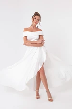 Lafaba Biała biała satynowa suknia wieczorowa z dekoltem w łódkę i sukienka na studniówkę