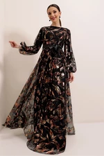 By Saygı Belted Waist, Lined, Gilded Long Dress Black-bronze