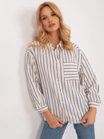 Cream and navy blue button-down oversize shirt with pocket