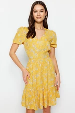 Trendyol Yellow Waist Open Mini Flower Patterned Woven Woven Dress
