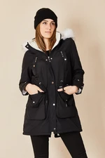 HAKKE Women's Snap Fastener Hooded Fur Coat Chest Pocket Coat