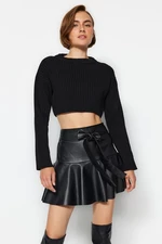 Trendyol Black Faux Leather Skirt with Frill Tie Tie Detail Mini Woven Skirt