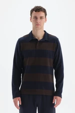Dagi Navy Blue Striped Polo Neck Half Pop Sweatshirt.
