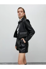 Koton Leather Look Jacket with Crop Flap, Pockets and Buttons.