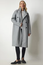 Happiness İstanbul Women Gray Double Breasted Neck Oversize Cachet Coat