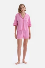 Dagi Pink Shirt Collar Short Sleeved Shorts Knitted Pajamas Set