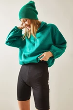 XHAN Green Zippered High Collar Fleece Sweatshirt