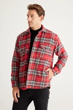 AC&Co / Altınyıldız Classics Men's Red Oversize Loose Cut Button Collar Plaid Winter Shirt Jacket