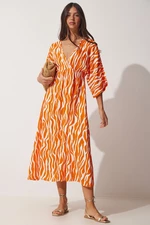Happiness İstanbul Women's Orange Deep V-Neck Summer Long Viscose Dress