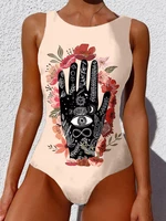 Women Sleeveless Floral Hand Print Open Back Wide Straps One Piece Beach Swimwear