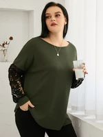 Plus Size Round Neck Waffle Knit Patchwork Design Long Sleeves Knitwear