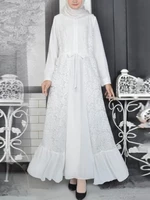 Retro Solid Color Stitching Ruffles Hem Lace Up Long Sleeve Muslim Kaftan Maxi Dress