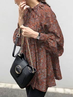 Women Floral Printing Puff Sleeve Bohemian Casual Loose A-Line Stand Collar Blouse