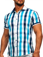 Tyrkysová pánska elegantná károvaná košeľa s krátkymi rukávmi BOLF 8901