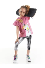 Mushi Unicorn Rock Girl Kid's Pink T-shirt, Striped Leggings Summer Suit. Mushi Unicorn Rock Girl Kid's Pink T-shirt, Striped Leggings Summer Suit.