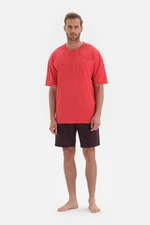 Dagi Red Short Sleeves Motto Embroidered Shorts Pajamas Set