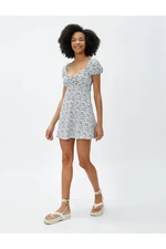 Koton Floral Mini Dress Sweetheart Neck Balloon Sleeves Tie Detailed Koton Floral Mini Dress Sweetheart Neck Balloon Sleeves Tie Detailed