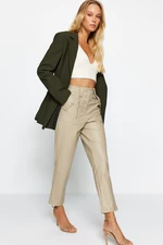Trendyol Mink Carrot Woven Front Buttoned Faux Leather Trousers