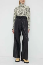 Kožené kalhoty Day Birger et Mikkelsen dámské, černá barva, široké, high waist