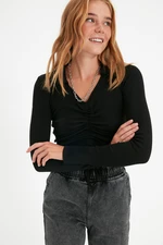 Trendyol Black Shirred Detail Fitted/Simple Polo Neck Crop Corduroy, Flexible Knitted Blouse