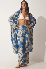 Happiness İstanbul Women's Blue Beige Patterned Viscose Kimono Palazzo Pants Suit