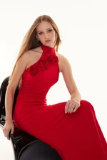Trendyol Red Rose Detailed Body-Fitting Woven Long Elegant Evening Dress