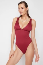 Trendyol Burgundy V Neck Textured Regular Swimsuit