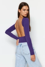 Trendyol Purple Deep V-Necklace Fitted/Sticky Cotton Knitted Blouse
